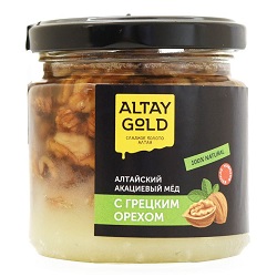 Мед Акациевый Золото Алтая грецкий орех 250гр ст/б 1/8