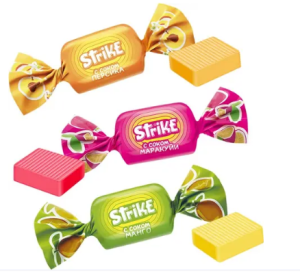 Конфеты Яшкино STRIKE (Страйк) жевательные с соком  вкус манго,маракуйя,персик 1/1/6  РВК 475