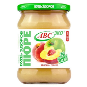 Д/П Пюре БУДЬ ЗДОРОВ 450гр яблочно-персиковое ст/б 1/6
