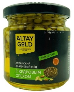 Мед Акациевый Золото Алтая кедровый орех 250гр ст/б 1/8