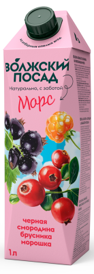 Морс Волжский Посад Черная смородина-Брусника-Морошка 1л 1/12